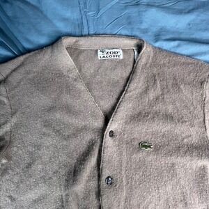 VTG Izod Lacoste Sweater Large Tan Long Sleeve Orlon Acrylic Grandpa Cardigan